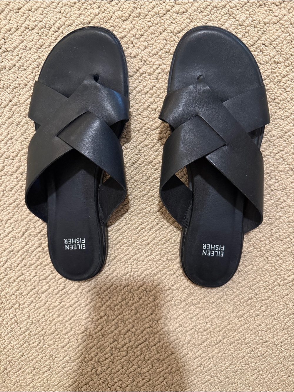 Eileen Fisher Black Leather Crisscross Slide Sandals